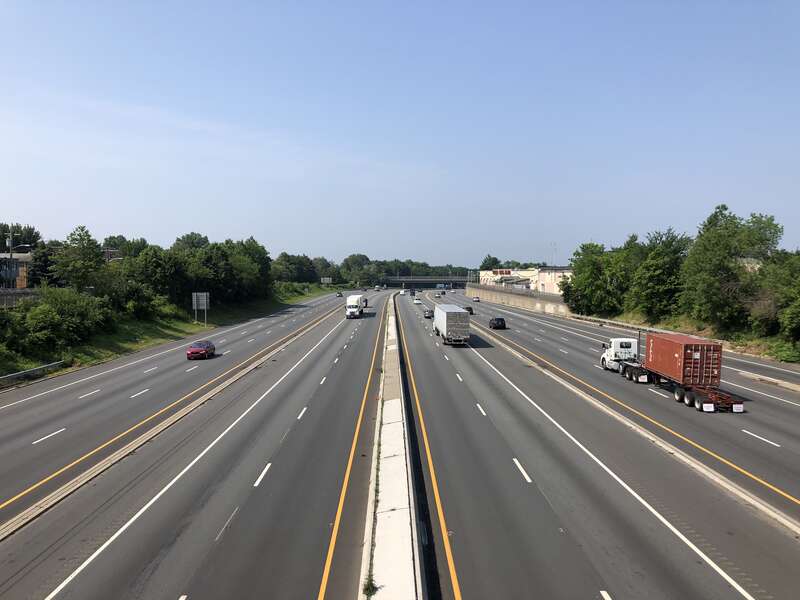 View west along Interstate 78 (Phillipsburg-Newark Expressway) from the overpass for Essex County Route 601 (Chancellor Avenue) in Newark, Essex County, New Jersey
