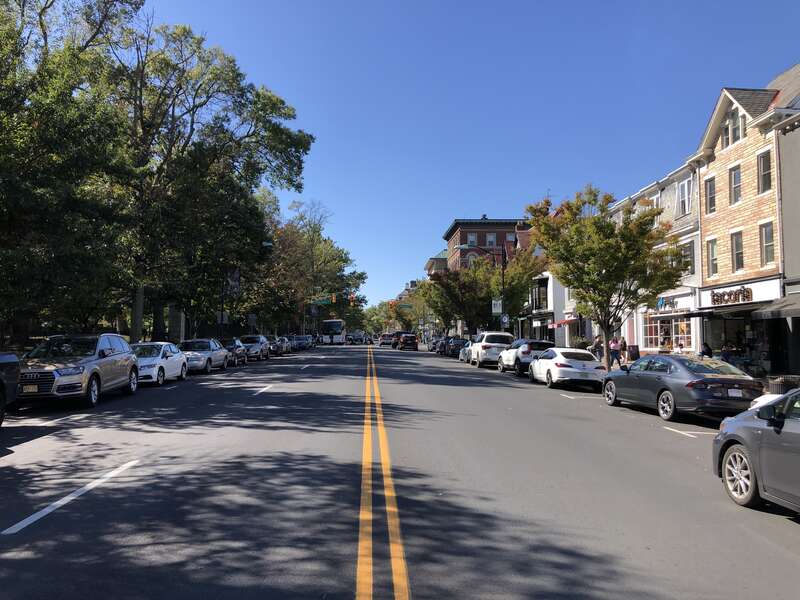 View south along New Jersey State Route 27 (Nassau Street) at South Tulane Street in Princeton, Mercer County, New Jersey