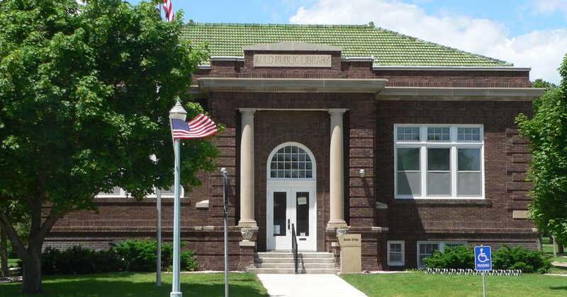 Auld Public Library in Red Cloud, Nebraska; seen from the east.  The Classical Revival building was constructed in 1917.  It is listed in the National Register of Historic Places.