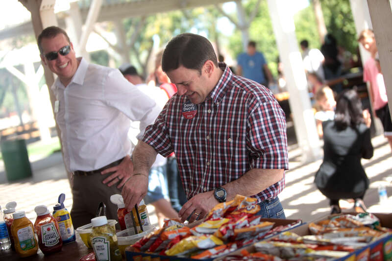 Treasurer Doug Ducey and Jeff DeWit speaking at a statewide candidate victory tour stop at Sahuaro Ranch Park in Glendale, Arizona.

Please attribute to Gage Skidmore if used elsewhere.