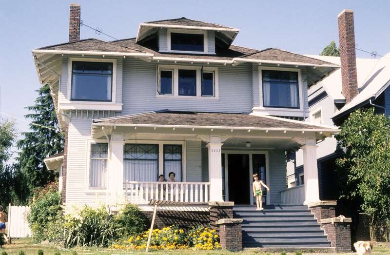 Family on porch, 2202 N. 41st Street, Wallingford, Seattle, Washington, U.S. circa 1979. Building is still extant 2018.