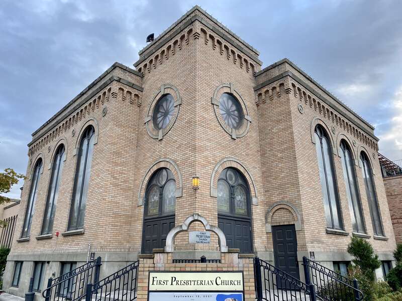 Built in 1921, this stripped and stark Romanesque Revival-style church, home to a Presbyterian congregation, stands at the corner of Central Avenue and 3rd Street in downtown Whitefish, Montana.