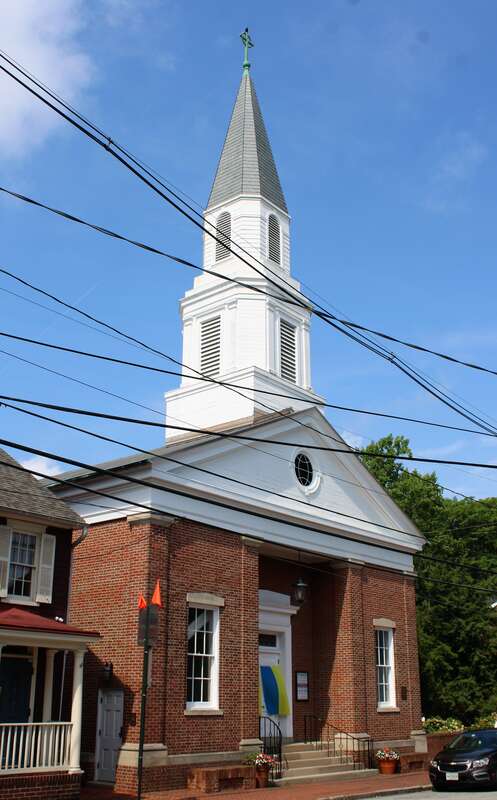 First Presbyterian Church on Duke of Gloucester Street in Annapolis, Maryland. The building was originally built as a theater in 1828 and converted into a church in 1846. It was expanded to its present form in 1948.
