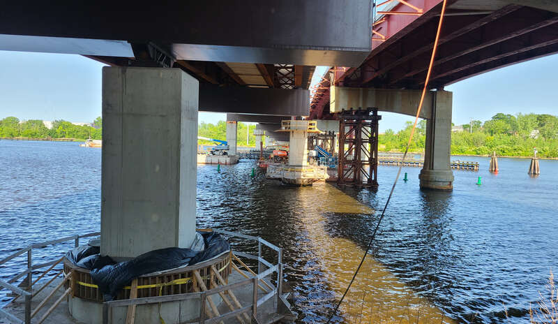 New bridge being constructed over the Seekonk River where the westbound lanes of the Henderson Bridge have been removed