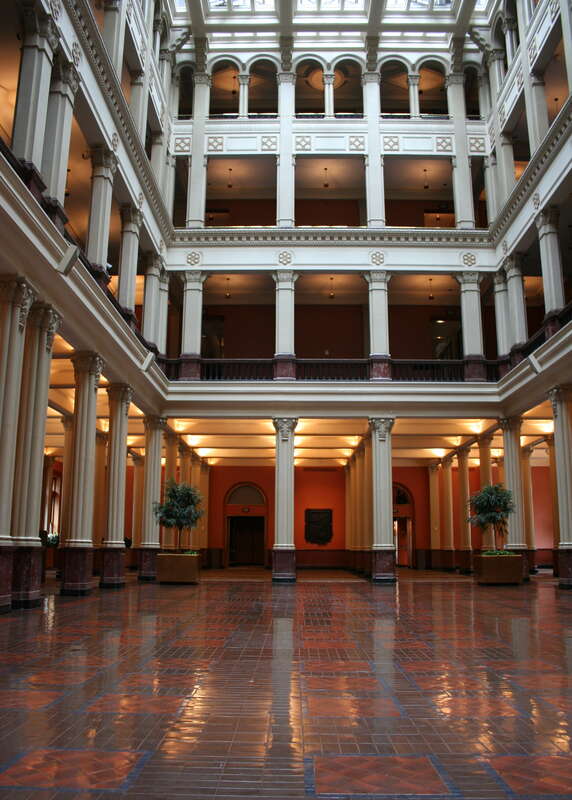 The Landmark Center Cortile in the space which formerly housed the Main Post Office for St. Paul, Minnesota.