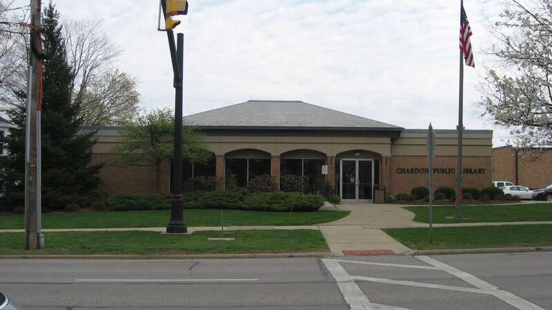 Front of the Chardon branch of the Geauga County Public Library, located at 110 E. Park Street (U.S. Route 6/State Route 44) on the public square in Chardon, Ohio, United States.