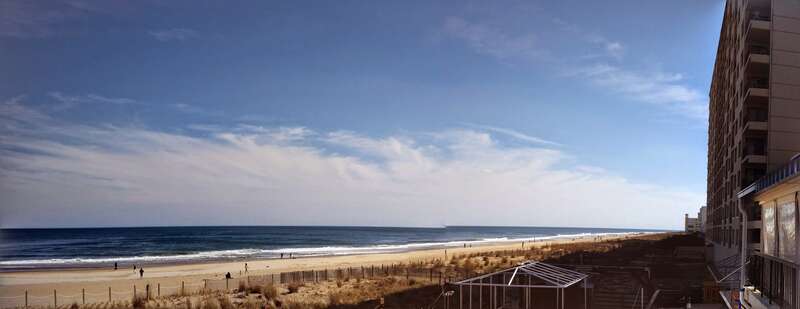 Panoramic view of the Ocean City, MD beach, photographed from the deck at Clarion Resort, 101st St