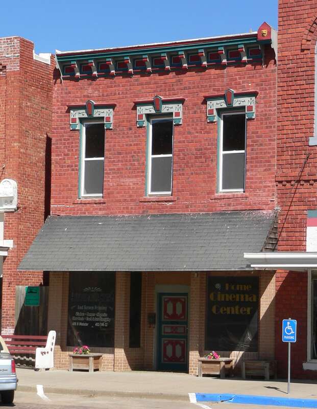 City Pharmacy building, at 410 N. Webster Street in Red Cloud, Nebraska.  The building was constructed in 1885.  It is part of Red Cloud's Main Street Historic District, which is listed in the National Register of Historic Places; the building is