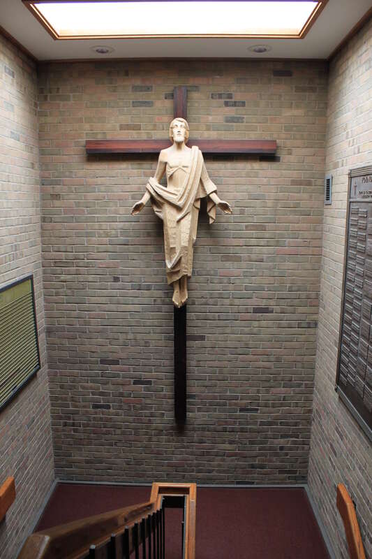 Saint Francis of Assisi Catholic Church stairwell crucifix, 2250 East Stadium Boulevard, Ann Arbor, Michigan. Camera location42° 15′ 37.47″ N, 83° 43′ 04.06″ W View this and other nearby images on: OpenStreetMap 42.260408;  -83.717794