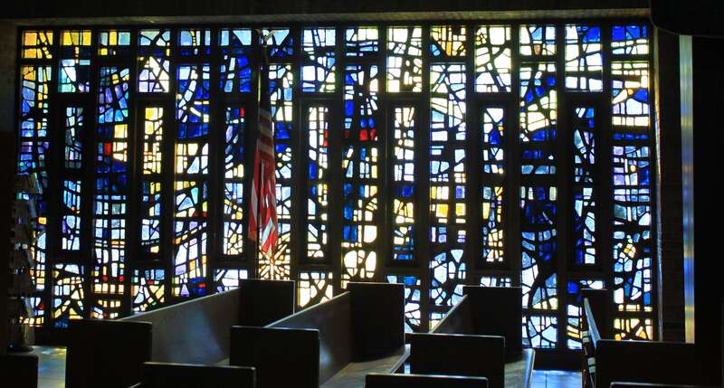 Saint Francis of Assisi Catholic Church stained glass window, 2250 East Stadium Boulevard, Ann Arbor, Michigan. Camera location42° 15′ 37.47″ N, 83° 43′ 04.06″ W View this and other nearby images on: OpenStreetMap 42.260408;  -83.717794