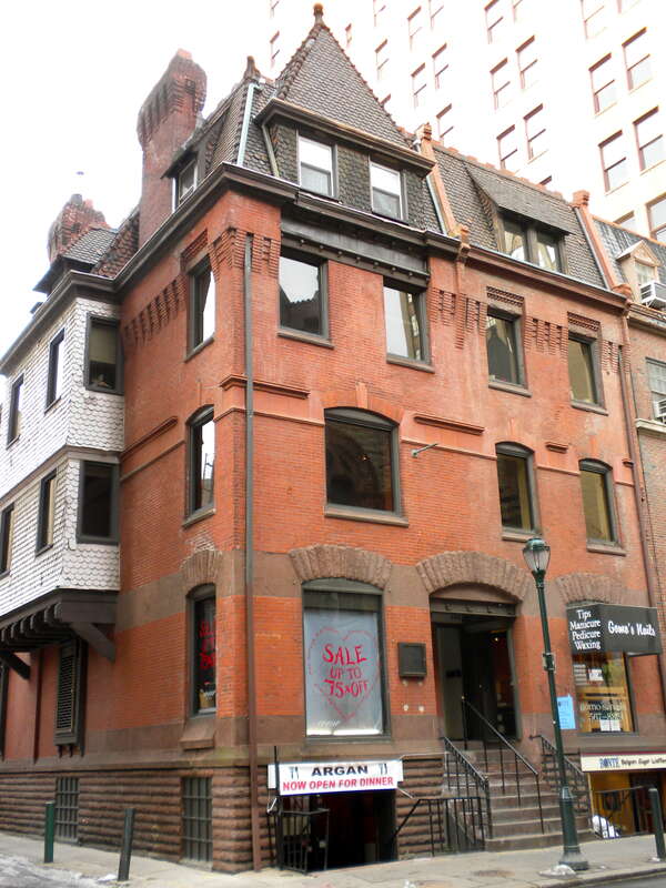 Solomon House (AKA Caroline Rogers Houses) on NRHP since August 24, 1978. At 130–132 South 17th Street (corner of Moravian St.) in Market East neighborhood of Center City Philadelphia, Pennsylvania. Frank Furness, architect (1887).