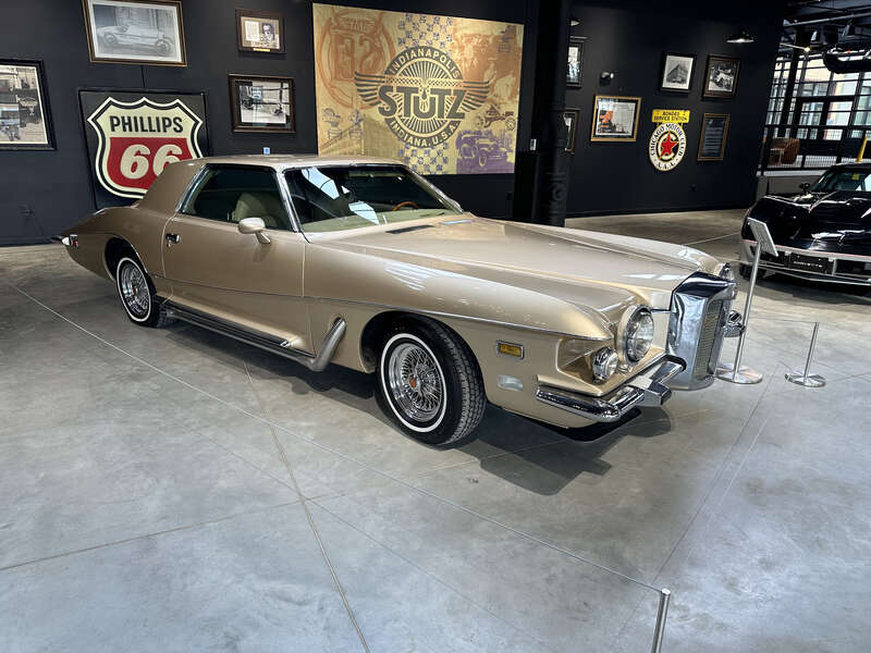 A 1973 tan Stutz Blackhawk III displayed in the Stutz Car Museum in Indianapolis, Indiana, US