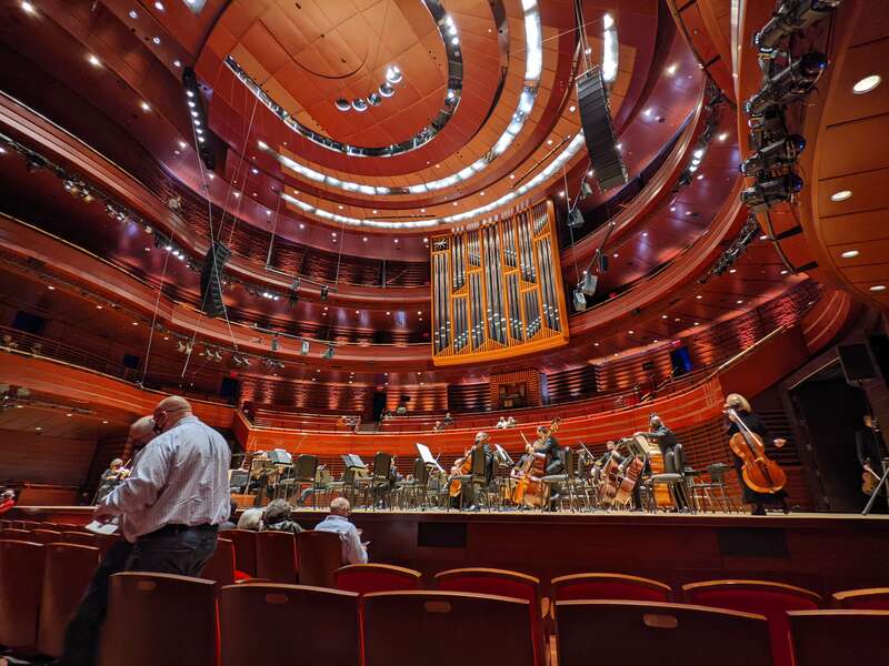 A view of the stage from the audience seats in Verizon Hall.