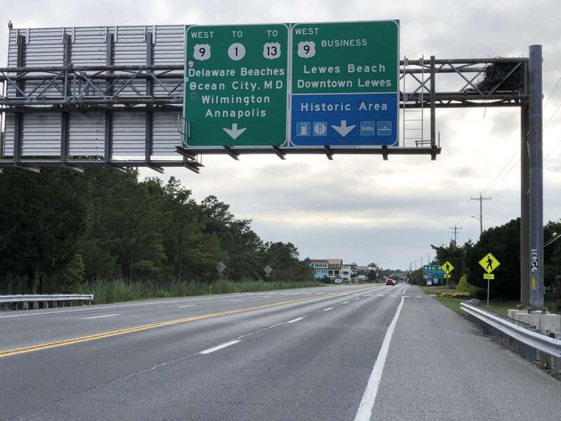 View west along U.S. Route 9 (Cape Henlopen Drive) just east of U.S. Route 9 Business and Theodore C. Freeman Highway in Lewes, Sussex County, Delaware