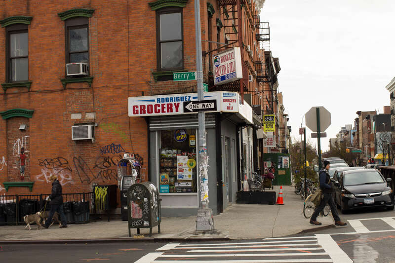 Looking east across Berry Street at grocery on Grand Street, Williamsburg