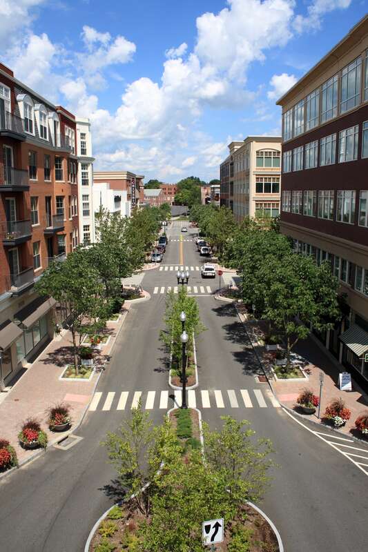 Blue Back Square shopping district in West Hartford, Connecticut, from the top level of a parking garage
