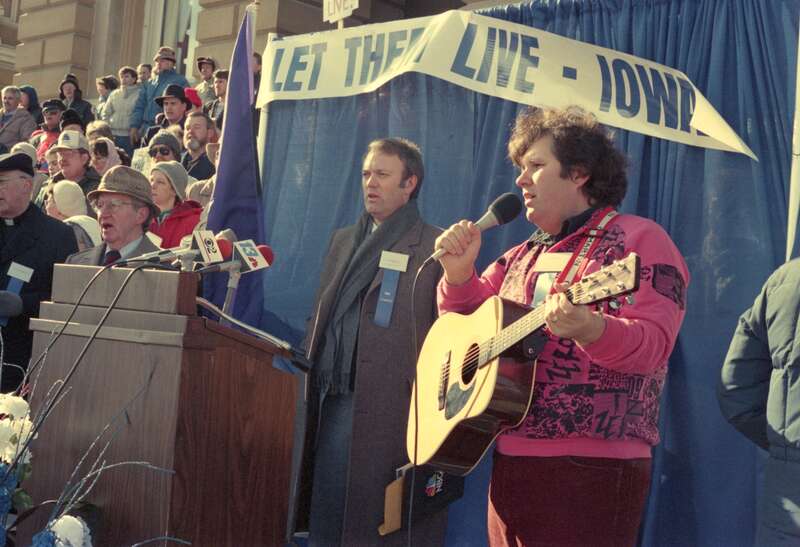 Bob Ayala was invited to speak and sing at a Pro-Life rally held on the anniversary of Roe-vs-Wade on the steps of the Iowa state capitol building on January 13, 1990. Photo by Roland Heddins.