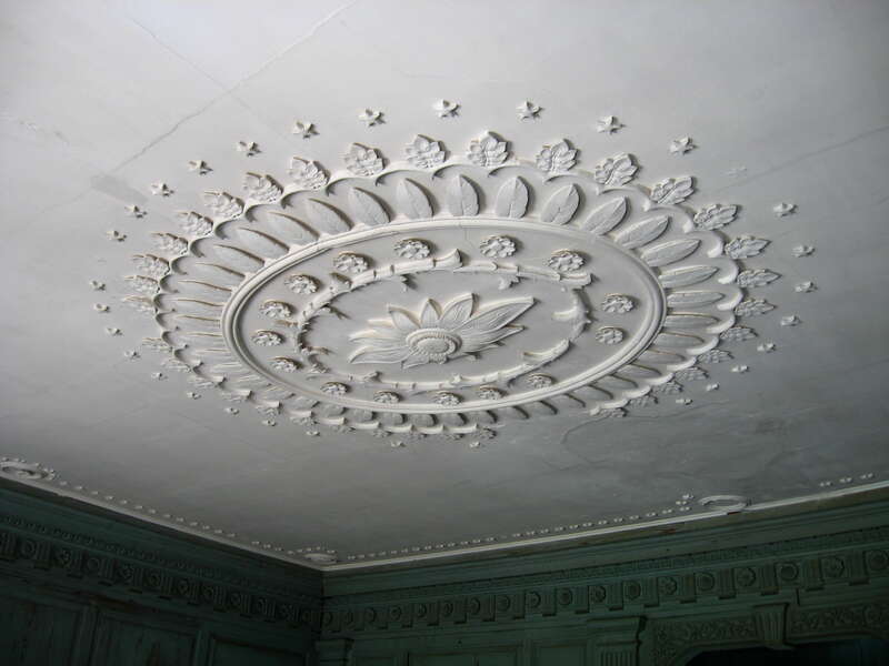 Elaborate ceiling plaster design inside the Drayton Hall plantation house.