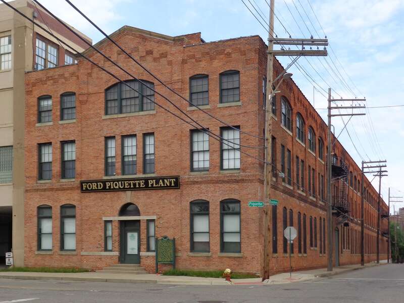 The front exterior of the Ford Piquette Avenue Plant at 461 Piquette Street, Detroit, Michigan. Built in 1904, this building was the second home of the Ford Motor Company (and the oldest still standing), and was where the first Ford Model Ts were