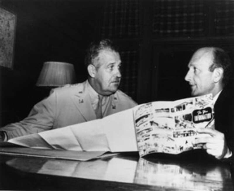 General Leslie R. Groves (left), Director of the Manhattan Project, and David E. Lilienthal, President Harry S. Truman's nominee to chair the United States Atomic Energy Commission, at Oak Ridge, Tennessee, on October 1, 1946.  Department of Energy
