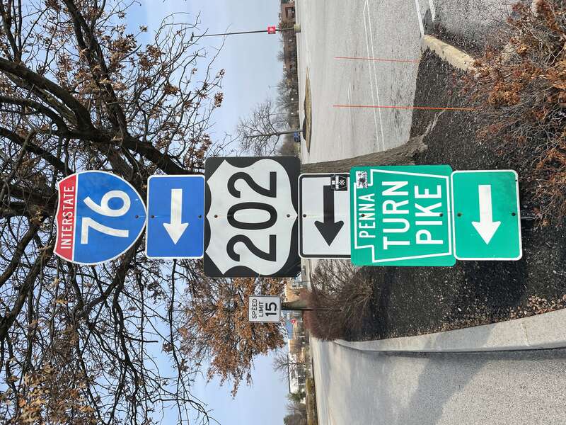 Road signs for Interstate 76, U.S. Route 202, and the Pennsylvania Turnpike at the King of Prussia Mall in King of Prussia, Pennsylvania