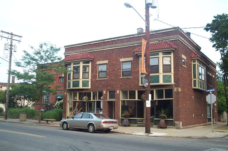Front and western side of the Jares Brothers Grocers Building, located at 13002-13006 Larchmere Boulevard in Cleveland, Ohio, United States.  Built in 1915, it is part of the Woodland-Larchmere Commercial Historic District, a historic district that
