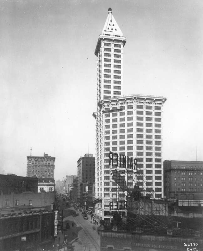 Looking north on 2nd Ave. Also visible are portions of the Hoge Building and Arctic Club Building.
Subjects (LCTGM): Buildings--Washington (State)--Seattle
Subjects (LCSH): Smith Tower (Seattle, Wash.)