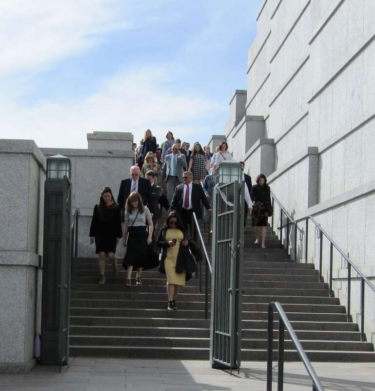 People leaving the Conference Center after the Saturday Afternoon Session of General Conference in 2018.