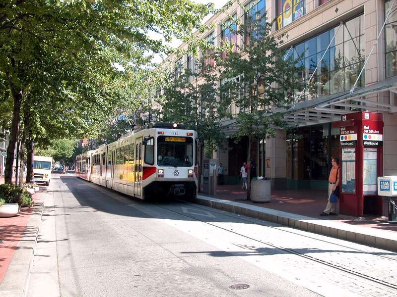 Portland MAX Light Rail station on Morrison Street at 5th Avenue, next to the Pioneer Place shopping mall, in downtown Portland