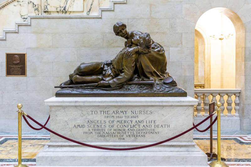 Memorial to US Civil War nurses in Massachusetts State House building. 
To the Army Nurses from 1861 to 1865. Angels of Mercy and Life amid scenes of conflict and death. A tribute of honor and gratitude from the Massachusettts Department Daughters of