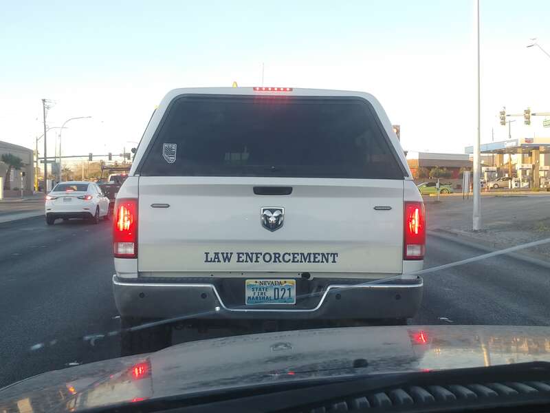 A Dodge Ram truck of the Nevada State Fire Marshal on Eastern Avenue in Las Vegas, Nevada.