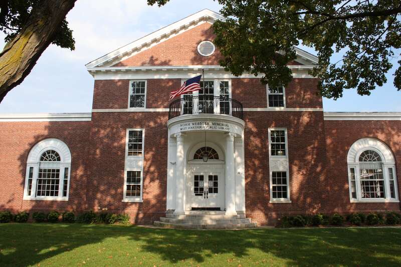 The S. Main St. side of the current building for the Noah Webster Memorial Library in West Hartford, Connecticut