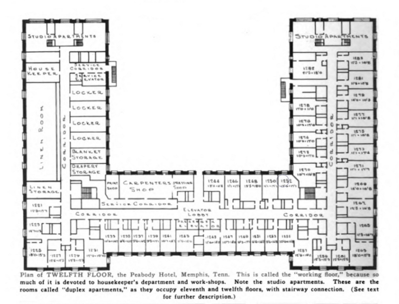 12th floor plan, Peabody Hotel, 149 Union Avenue, Memphis, Tennessee. Substantial renovations have occurred since the original design. Opened 1925. Publication date 1925.