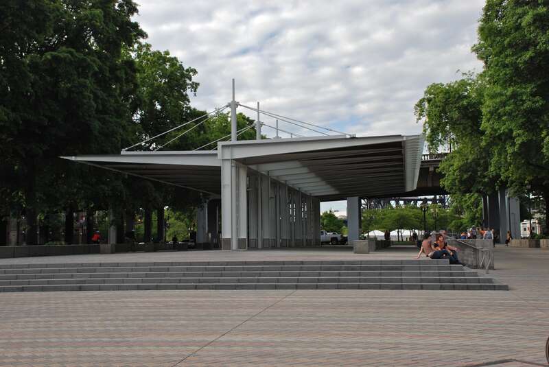 The 2009-built &quot;Pavilion&quot; used on weekends by the Portland Saturday Market, here seen when not in use, on a weekday.