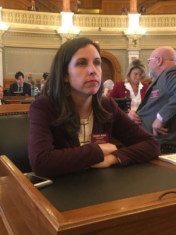 Kansas State Representative Eileen Horn at her desk in the Kansas House of Representatives