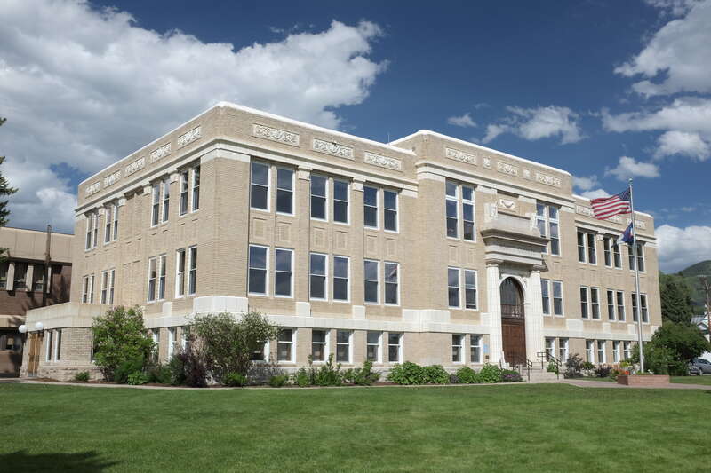 Perspective view of the Routt County Courthouse in Steamboat Springs, Colorado.