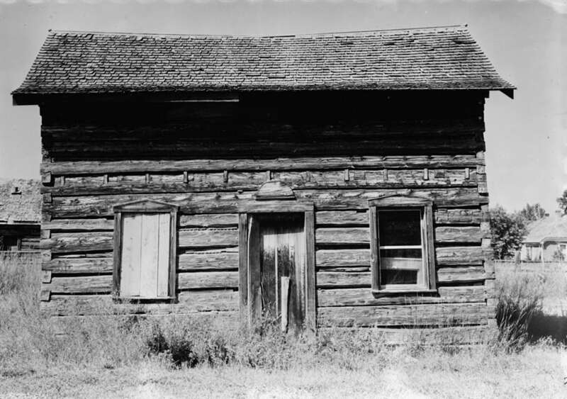 Front of St. Mary's Pharmacy, located along North Avenue in Stevensville, Ravalli County, Montana, United States.  Together with the attached St. Mary's Church, the pharmacy is listed on the National Register of Historic Places as St. Mary's Church