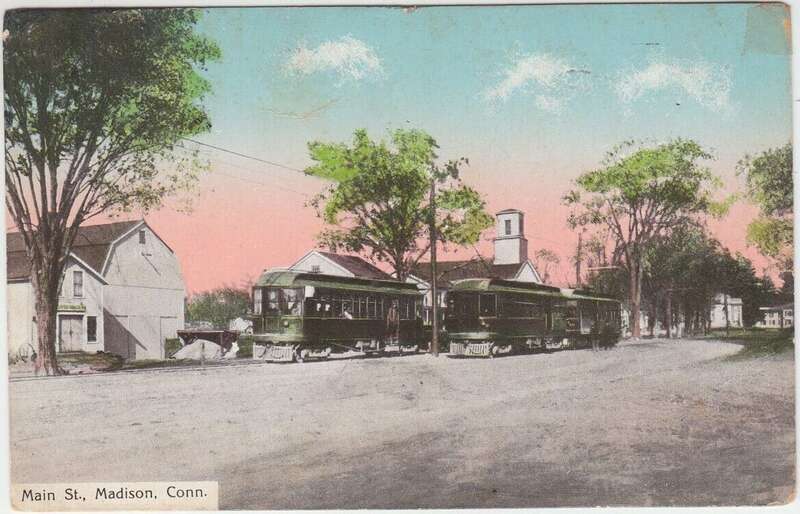 Divided back postcard of Shore Line Electric Railway streetcars on Main Street in Madison, postmarked 1914