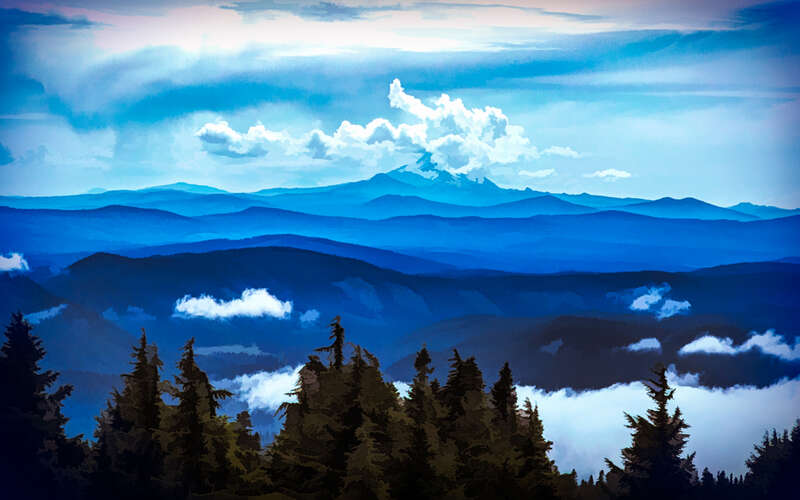 View from Timberline Lodge on Mt Hood, looking south to Mt Jefferson over the Oregon Cascades. The actual image was much softer and hazy as I was there mid-day, so I turned it into a &quot;seriograph&quot; to bring out the contrast.

&amp;lt;a