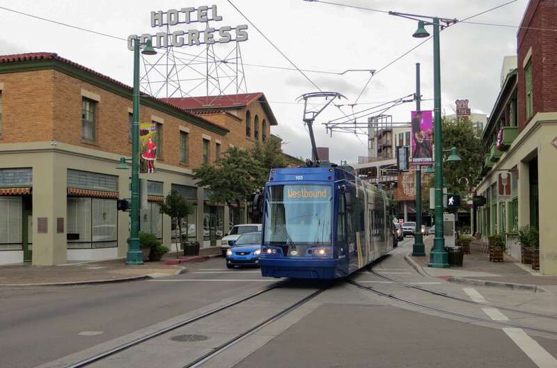 Car No. 103 of the Sun Link system in Tucson, Arizona, westbound on Congress Street at 5th Avenue.