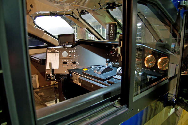On display during National Train Day 2011 in Washington DC's Union Station is new VRE locomotive V57 (a MP36PH-3C).  A set of steps was built so the public could view the interior of the loco cab. (Photo by John Mueller)