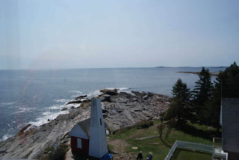 A view of Muscongus Bay from the top of Pemaquid Point Lighthouse in Bristol, Maine, USA.