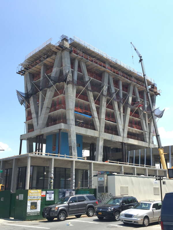 The William Vale Hotel is a high-rise hotel under construction at 55 Wythe Avenue in Williamsburg in Brooklyn, New York City, New York. Photographed by Quercus montana on June 10, 2015.