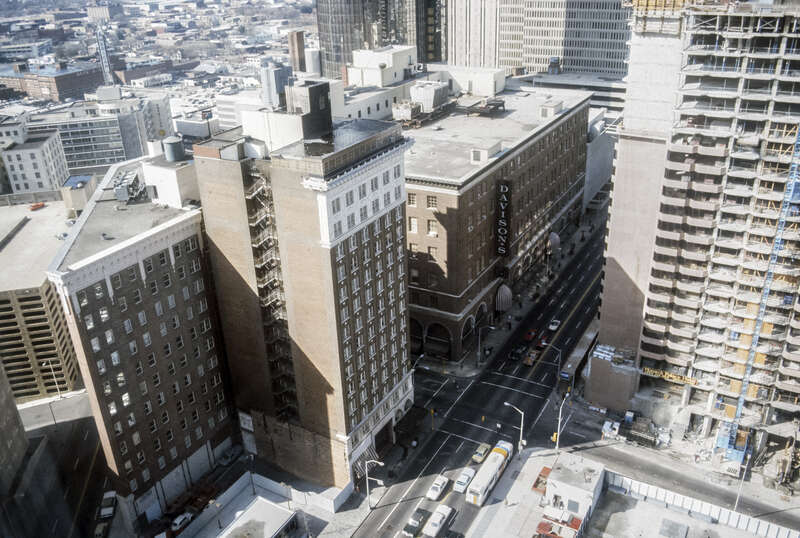 The Winecoff Hotel from the Georgia-Pacific Building, Atlanta, Georgia, USA. To the right is the Ritz-Carlton under construction. To the left of the Winecoff Hotel is the Wynne-Claughton Building. In the background is Davison's (200 Peachtree).