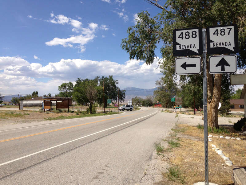 View north along Nevada State Route 487 (Baker Road) about 6.1 miles north of the Utah state line at the junction with Nevada State Route 488 (Lehman Caves Road) in Baker, Nevada
