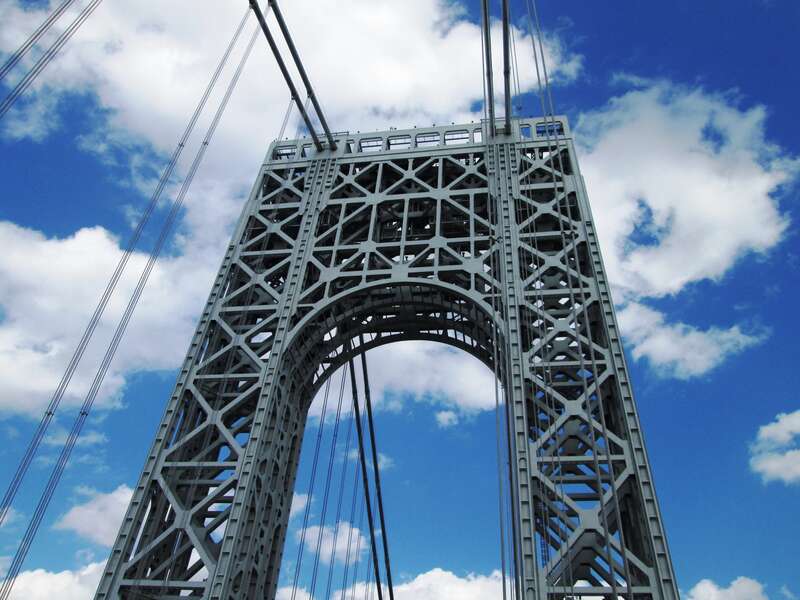 Looking east up at the west tower of the George Washington Bridge from the south walkway.