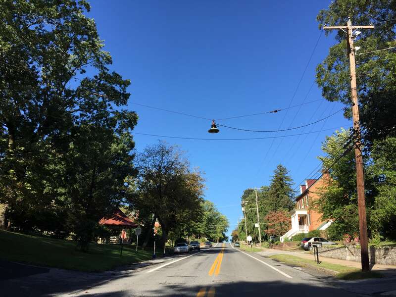 View "south" (actually west) along U.S. Route 340 Alternate (Washington Street) at Columbia Street in Harpers Ferry, Jefferson County, West Virginia