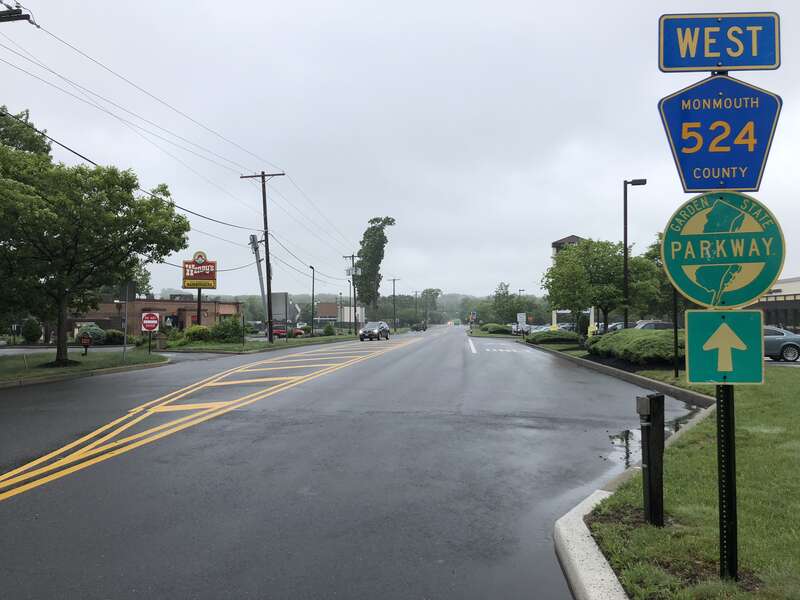 View west along Monmouth County Route 524 (Allaire Road) at New Jersey State Route 35 in Wall Township, Monmouth County, New Jersey