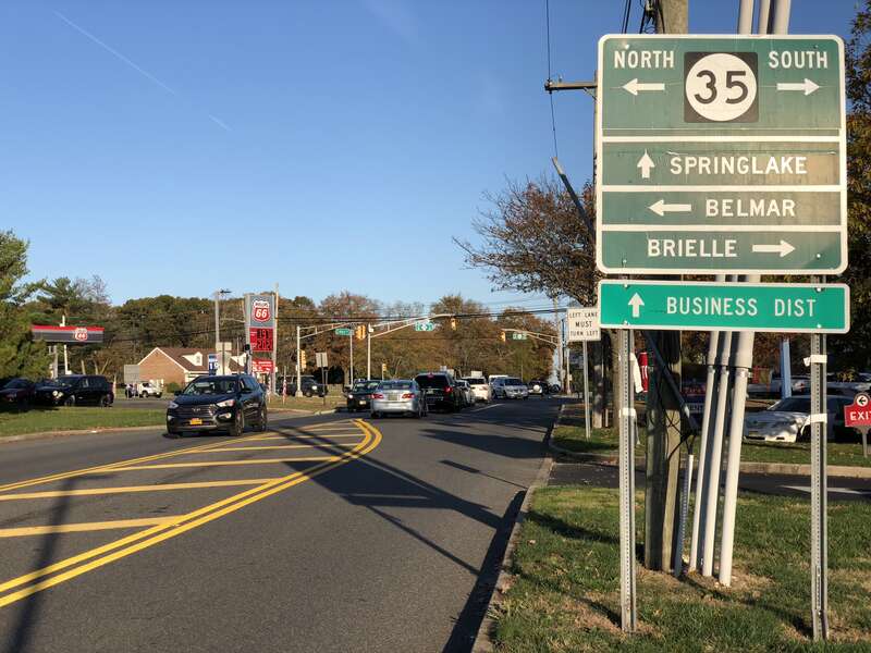 View east along Monmouth County Route 524 (Allaire Road) at New Jersey State Route 35 in Wall Township, Monmouth County, New Jersey