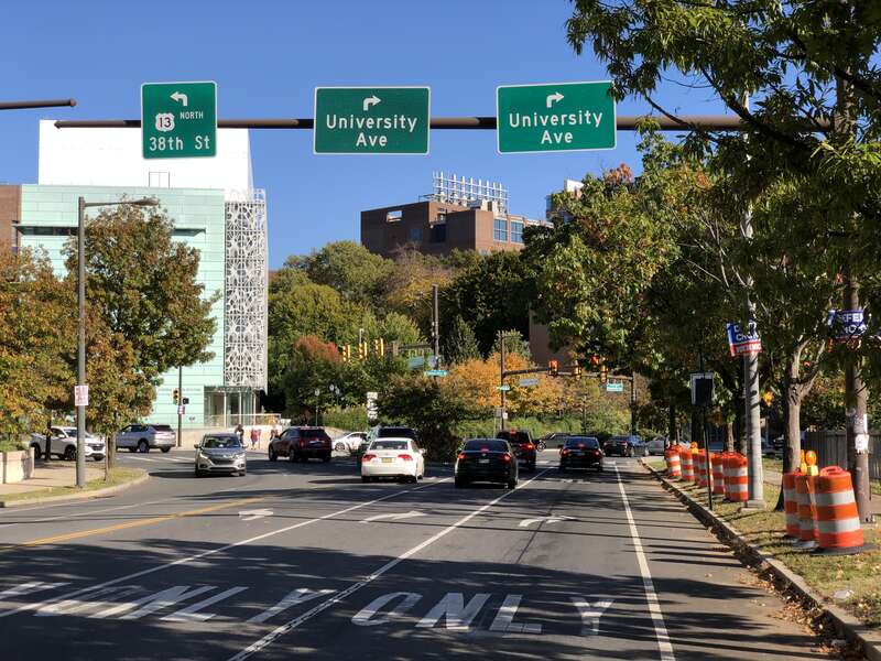 View north along U.S. Route 13 (Baltimore Avenue) just south of University Avenue in Philadelphia, Pennsylvania